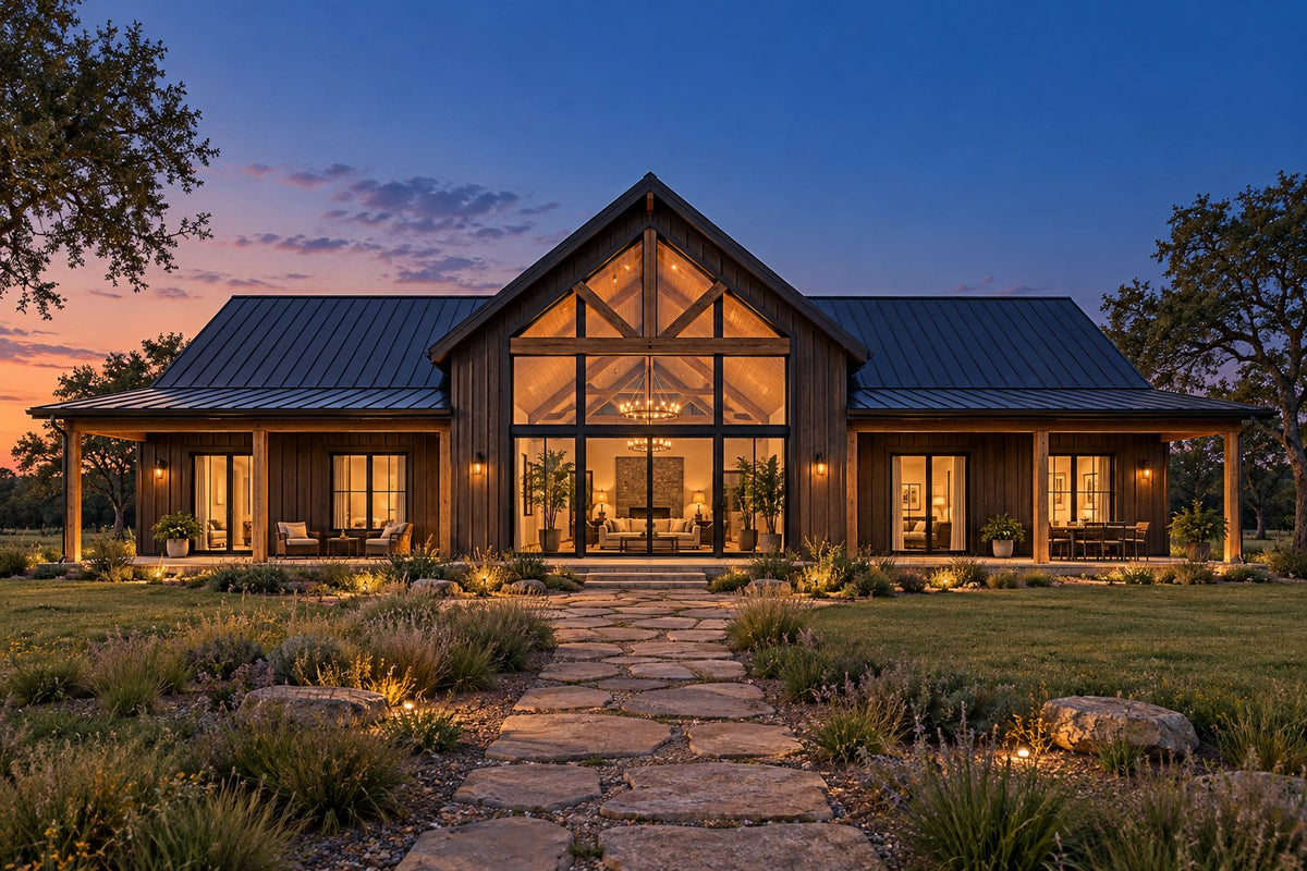 The Lodge — 42x64 Barndominium Plan with Glass Gable, 3 Bed, 2 Bath, 2,400 Sq Ft