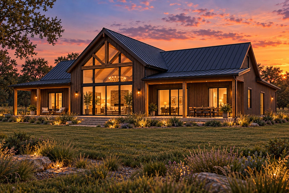 The Lodge — 42x64 Barndominium Plan with Glass Gable, 3 Bed, 2 Bath, 2,400 Sq Ft