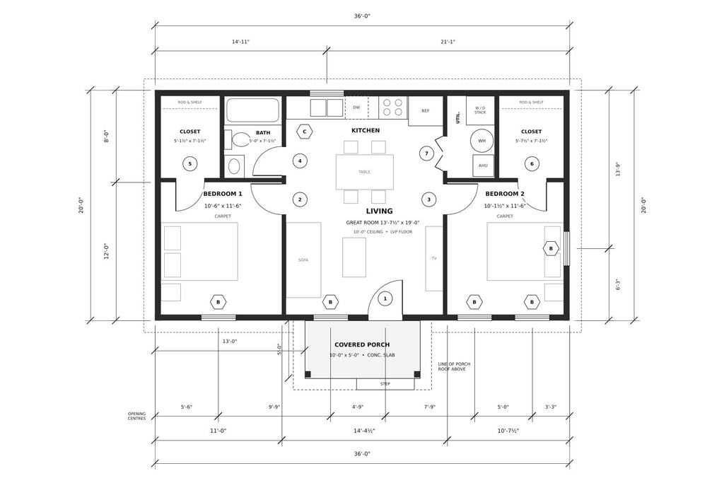The Sage — 20x36 Barndominium Plan, 2 Bed, 1 Bath, 720 Sq Ft