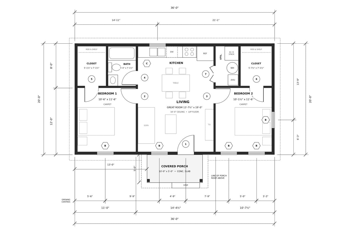 The Sage — 20x36 Barndominium Plan, 2 Bed, 1 Bath, 720 Sq Ft