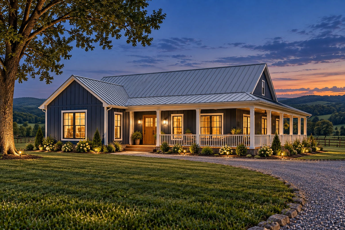 The Wraparound — L-Shaped Farmhouse Barndominium Plan, 3 Bed + Office, 2 Bath, 2,000 Sq Ft